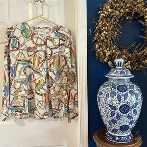 Women’s Icikuls Blue Green Equestrian Horse Chain Crew Neck Stretch Top Size XXL